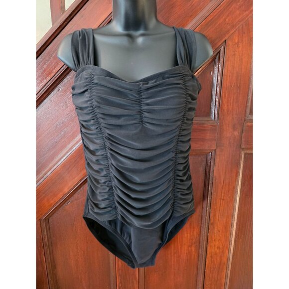 Aqua Green Womens Ruched Black Swimsuit One-Piece Size Large - Picture 1 of 5